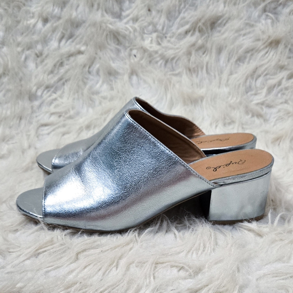 Qupid Metallic Blue Heels Slip On Block Open Toe Sandals Mules